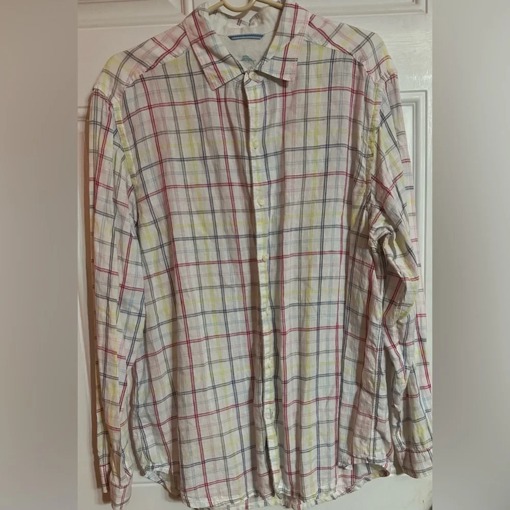 Tommy Bahama Relax Shirt Men's Medium 100% Linen Plaid Long‎ Sleeve Button Up